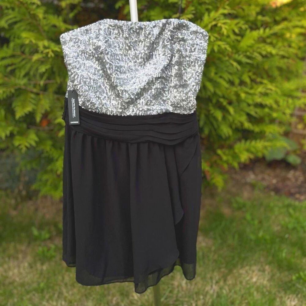 Express Strapless Sequin Dress Women's 12 Black Silver Party Cocktail NWT